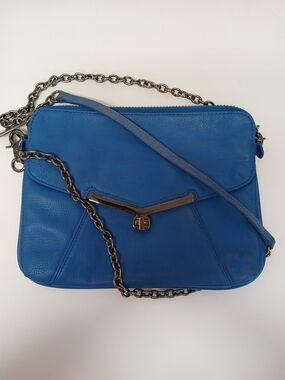 Blue Leather Crossbody Bag with Chain Strap